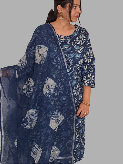 Blue and beige kurta pant set with kota doria dupatta