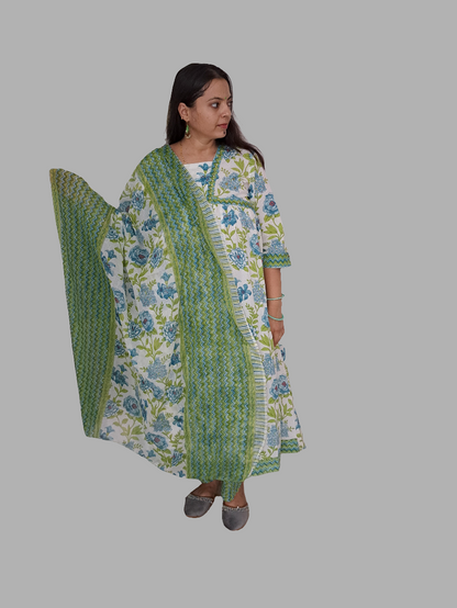 Floral Bliss: Green Pure Cotton Alia Cut Kurta Pant and Dupatta Set