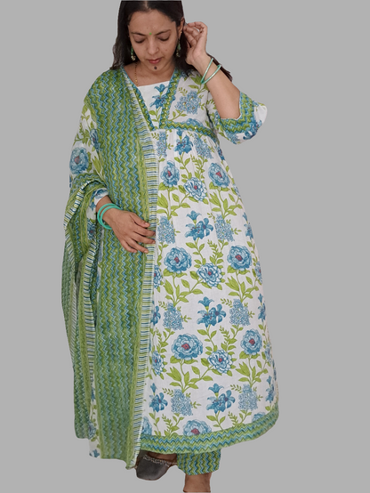 Floral Bliss: Green Pure Cotton Alia Cut Kurta Pant and Dupatta Set