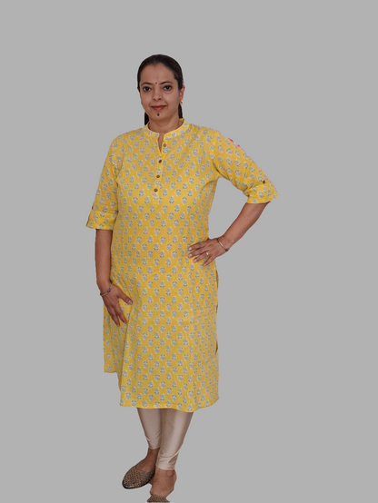 Golden Glow: Yellow Cotton Kurti with 3/4 Sleeve