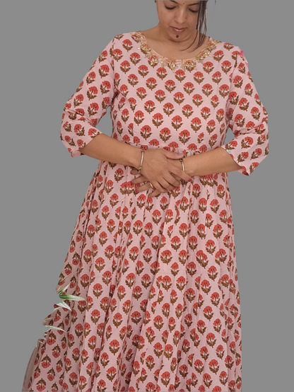 Enchanting Blooms: Pink Floral Soft Cotton Long Pleated Dress with Gotta Patti Work