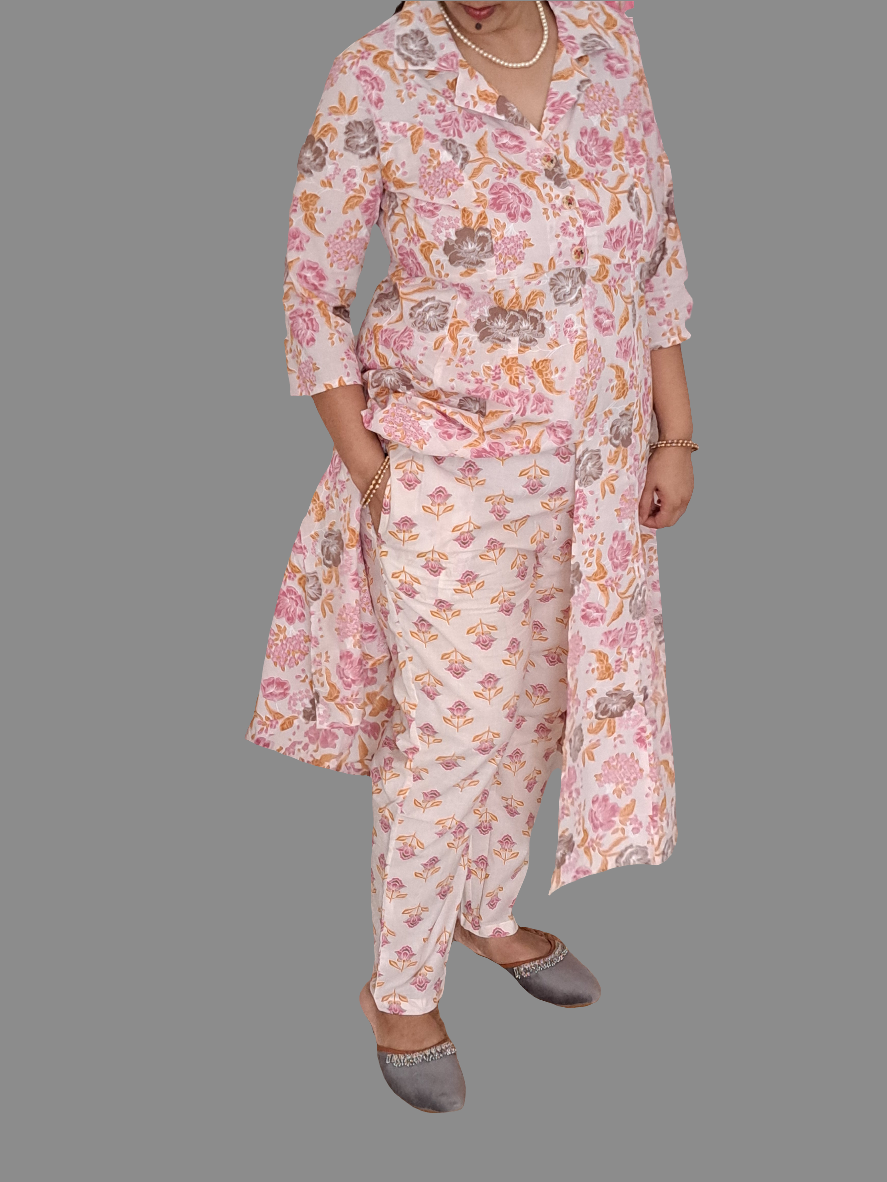 Blossom Chic: Floral Pink Cotton kurta pant Set