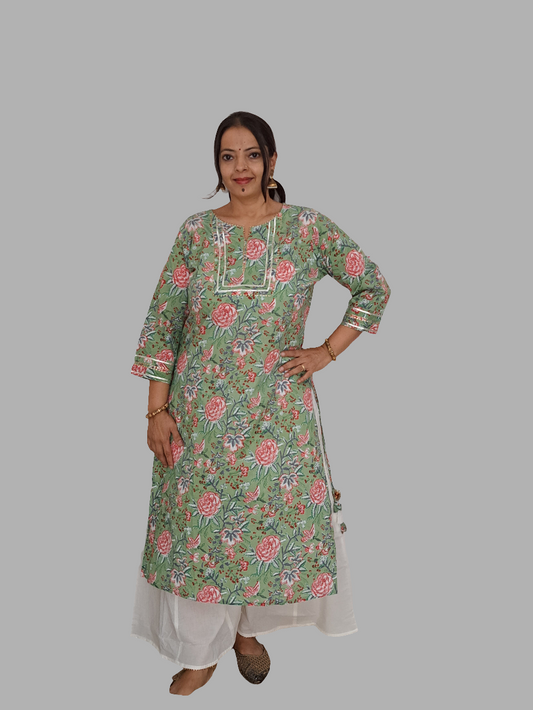 Floral Elegance: Pista Green Floral Cotton Kurta palazzo set with Gota Patti Work