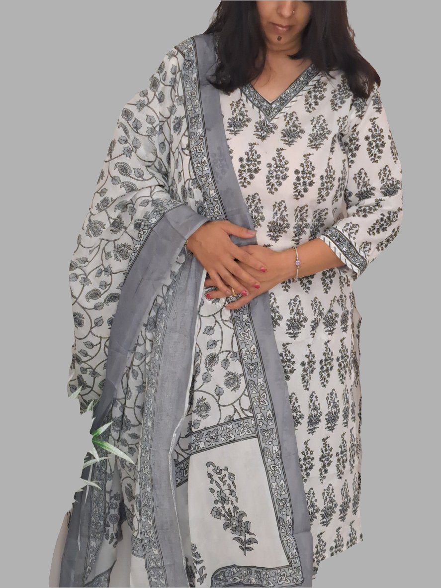 Monochrome Elegance:Black and White Cotton Kurti Pant Set with Dupatta