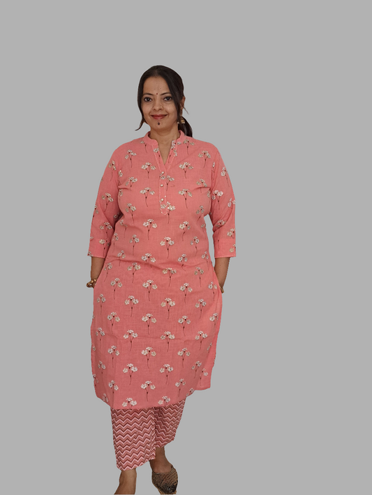 Pearl Essence: Pink Cotton Kurta Pant Set with Pearl Buttons