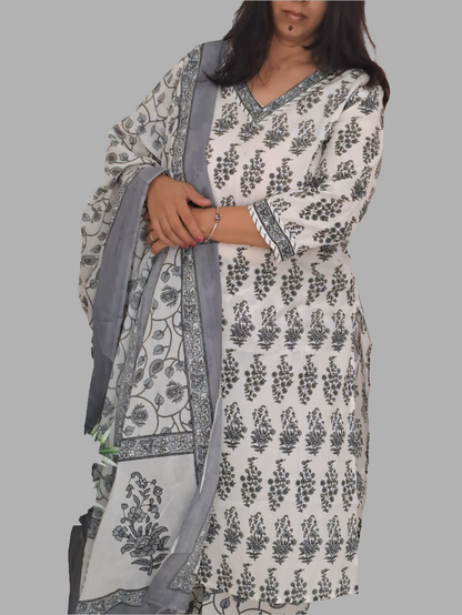 Monochrome Elegance:Black and White Cotton Kurti Pant Set with Dupatta