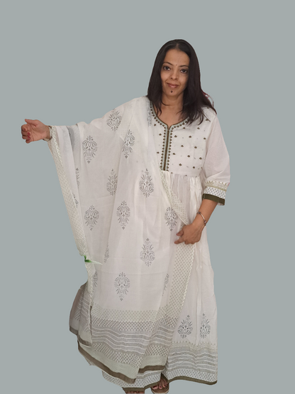 Enchanting Hues: White and Mehandi Green Long Cotton Dress with Mulmul Dupatta