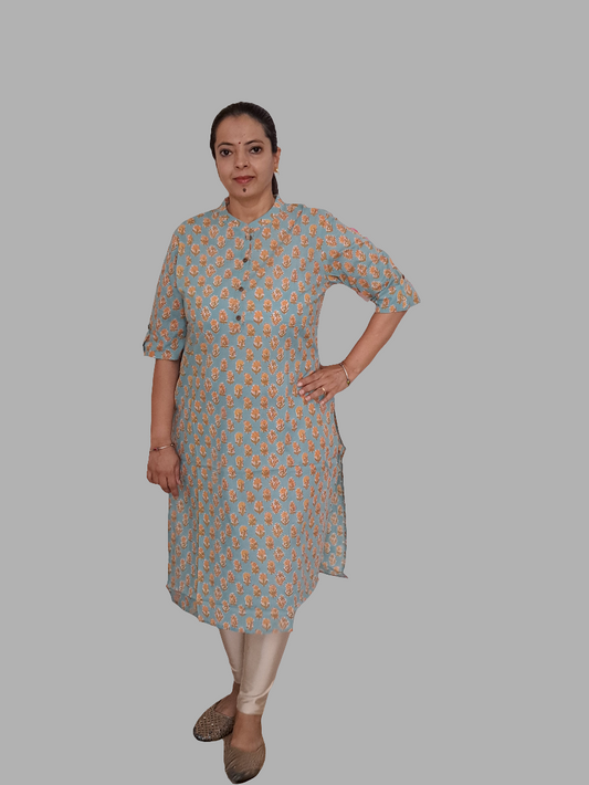 Minty Breeze: Sea Green Cotton Kurti with 3/4 Sleeve