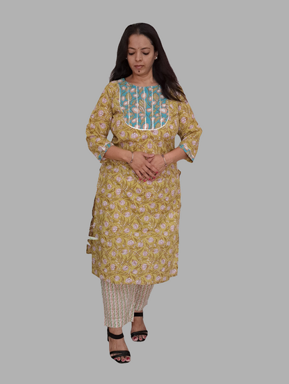 Henna Enchantment: Mehandi Green Cotton Kurta Pant Set with Yoke