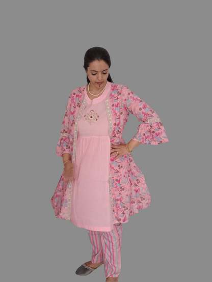 Enchanting Blush: Cotton Pink 3-Piece Shrug Co-ord Set with Hand Embroidery