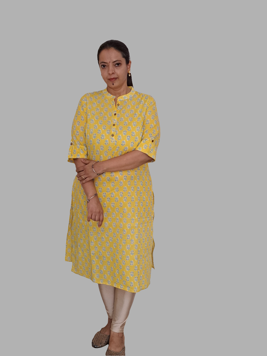 Golden Glow: Yellow Cotton Kurti with 3/4 Sleeve