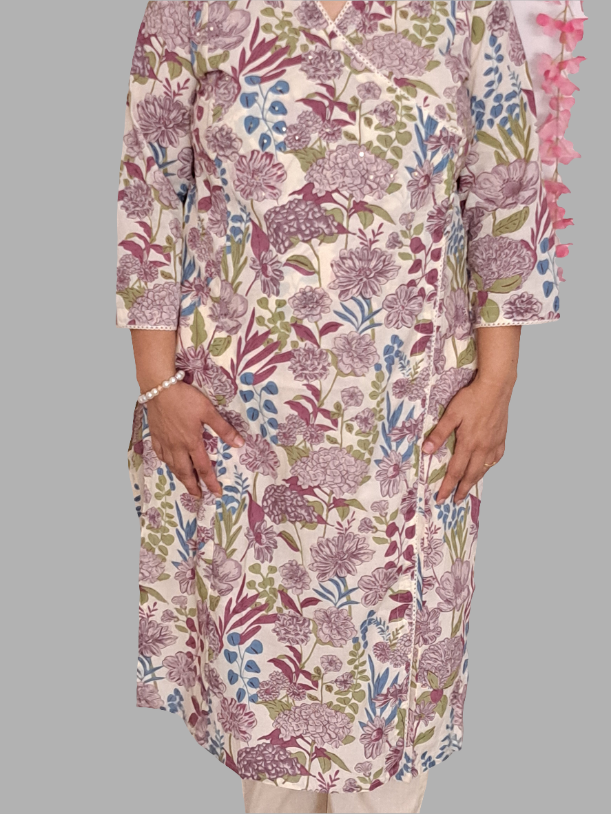 Lavender Elegance: Floral Purple Cotton Angarkha Set