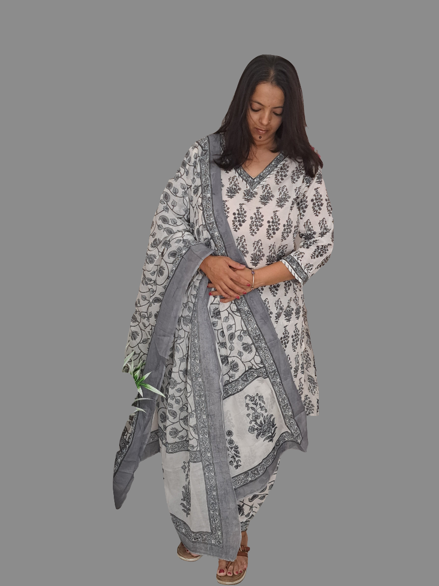 Monochrome Elegance:Black and White Cotton Kurti Pant Set with Dupatta