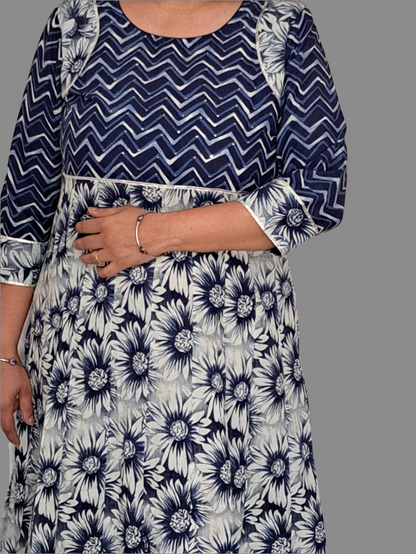 Blue and White Floral Frock Style Long Kurti with Yoke: Timeless Elegance