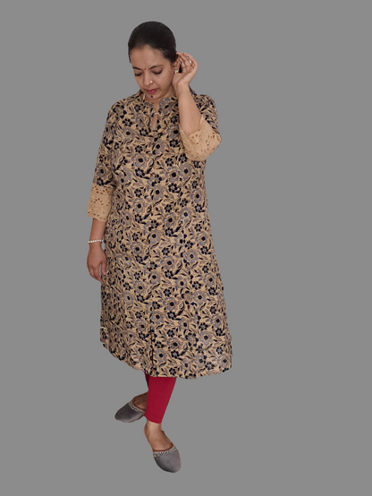 Breezy Botanics: Off White & Blue Floral A-Line Kurti with pockets