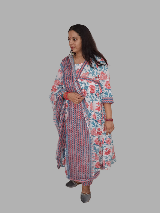 Floral Bliss: Pink Pure Cotton Alia Cut Kurta Pant and Dupatta Set