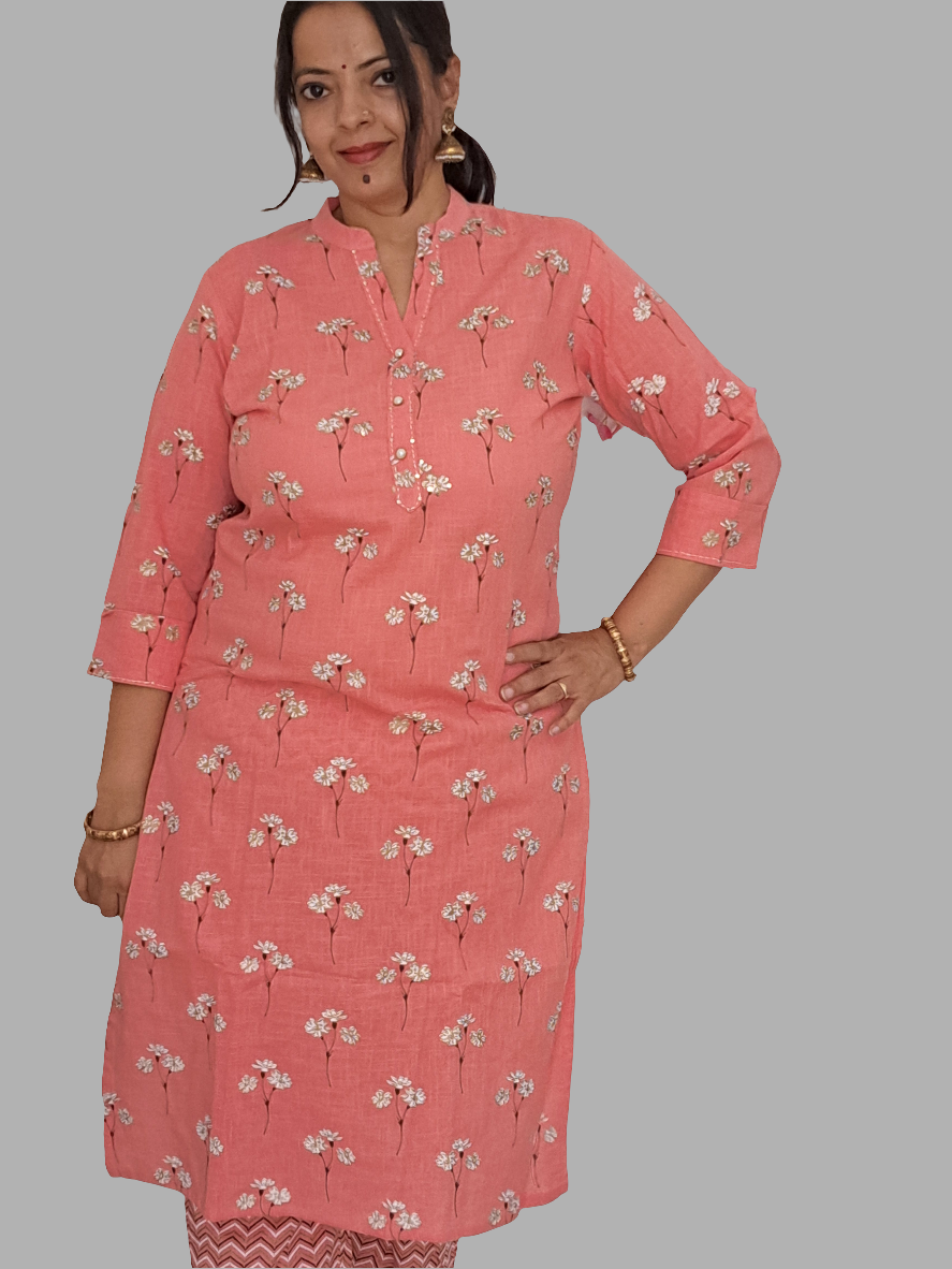 Pearl Essence: Pink Cotton Kurta Pant Set with Pearl Buttons