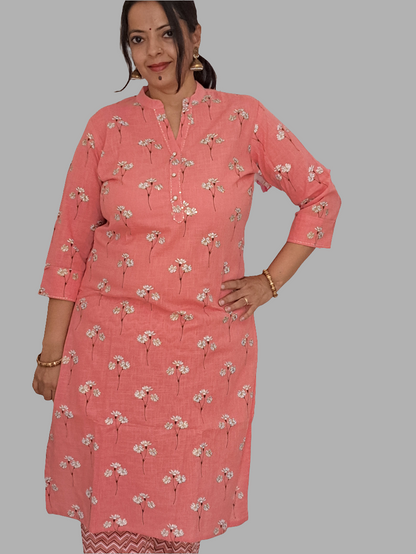 Pearl Essence: Pink Cotton Kurta Pant Set with Pearl Buttons