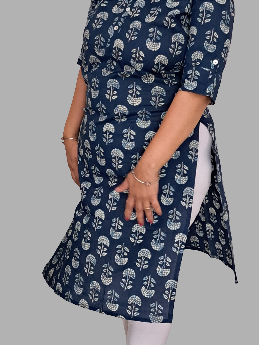 Floral Bliss: Blue and White Cotton Kurti