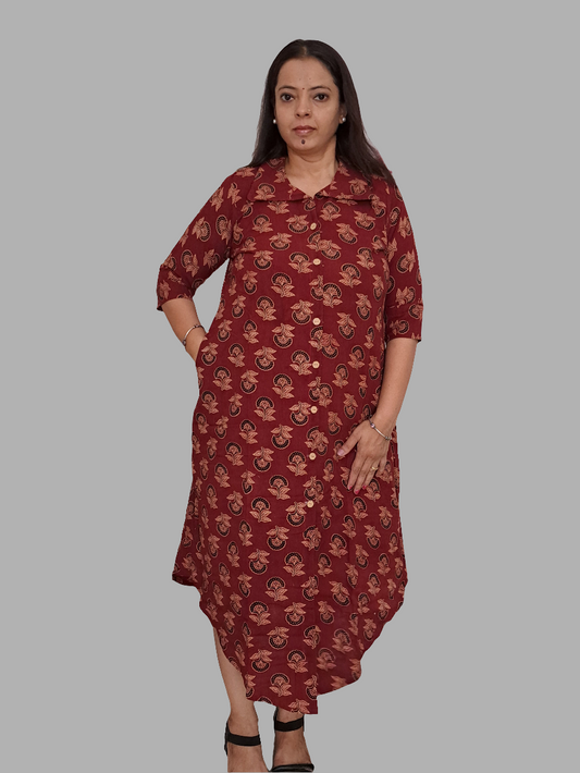 Crimson Harmony: Red Floral Shirt Style Cotton Kurti