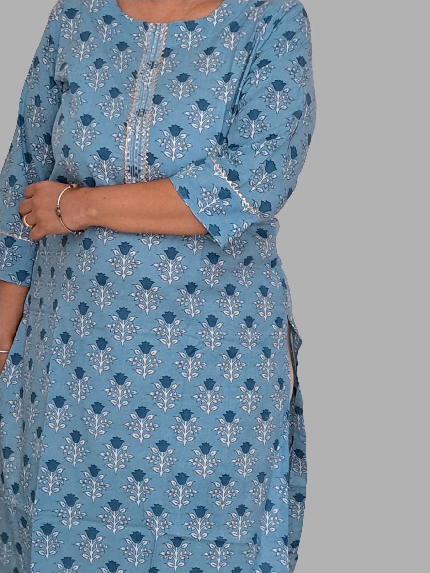 Sky Elegance: Sky Blue Cotton Kurti with Gotta Patti Work