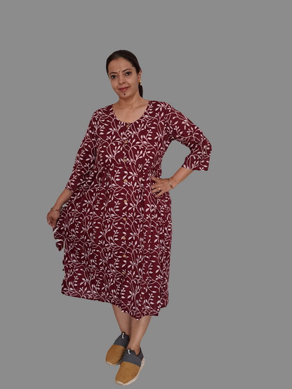 Burgundy Blooms: Maroon and White Floral Cotton Dress