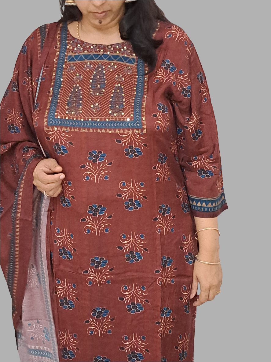 Maroon Muse: Pure Muslin Ajarakh Print Dupatta Set