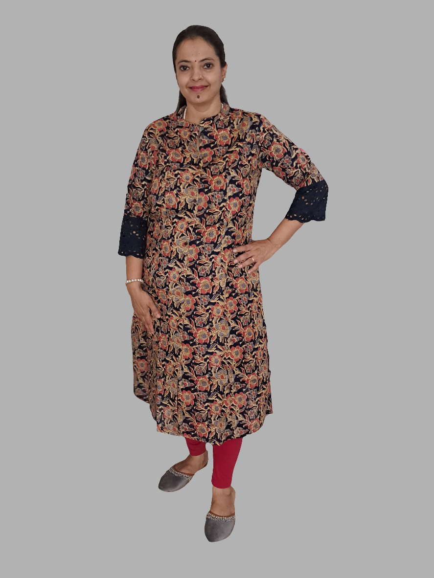 Royal Garden: Blue & Red Floral A-Line Kurti