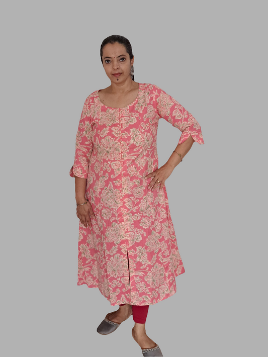 Floral Bliss: Pink Cotton Flex A-Line Kurti