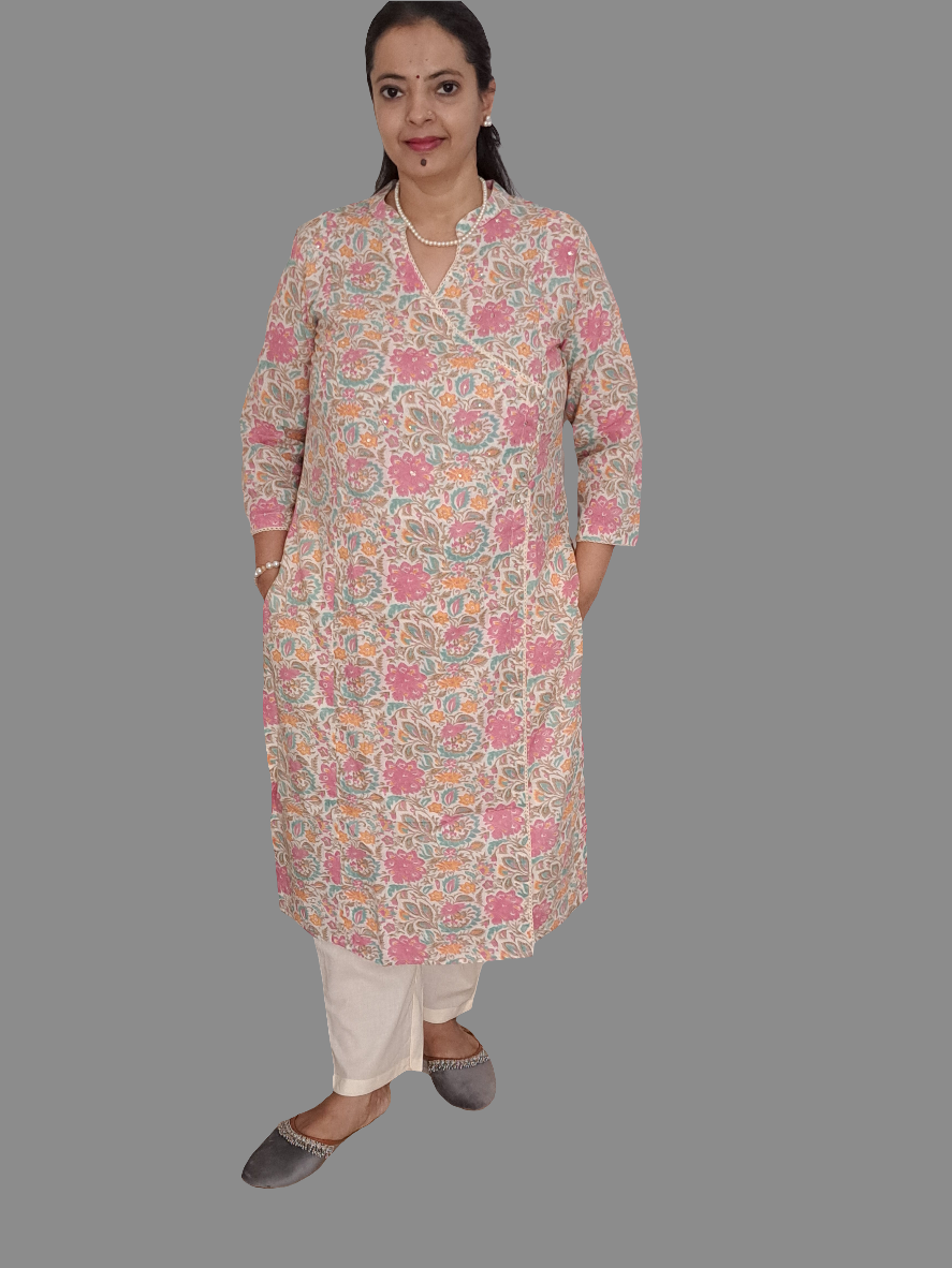 Rose Petal: Floral Pink Cotton Angarkha Set