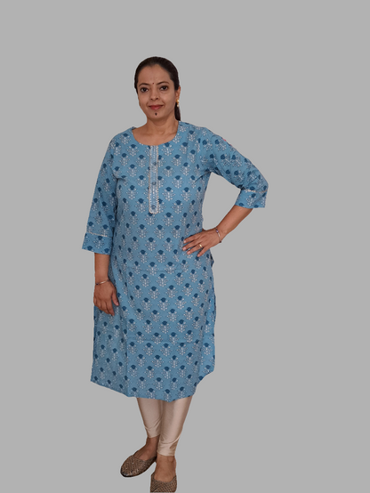 Sky Elegance: Sky Blue Cotton Kurti with Gotta Patti Work