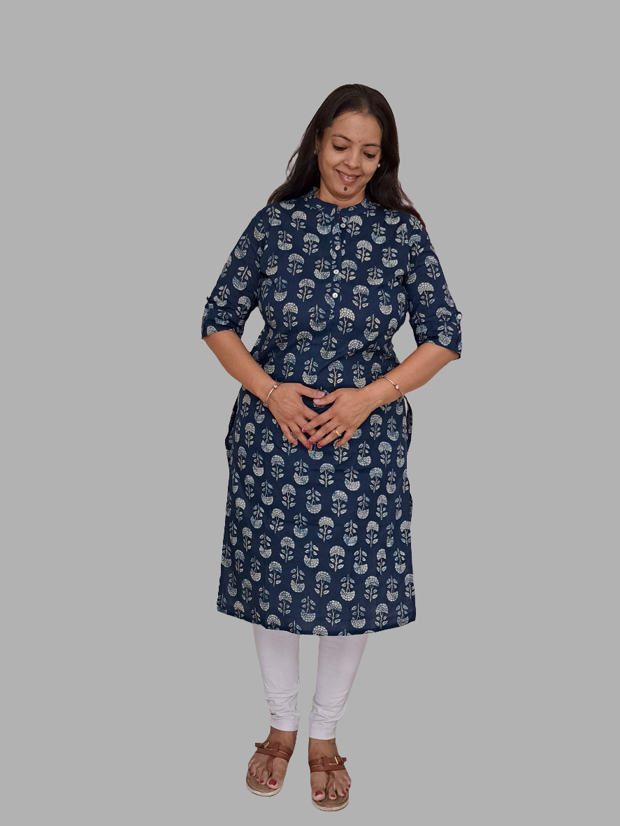 Floral Bliss: Blue and White Cotton Kurti