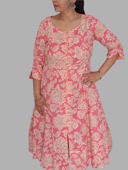 Floral Bliss: Pink Cotton Flex A-Line Kurti