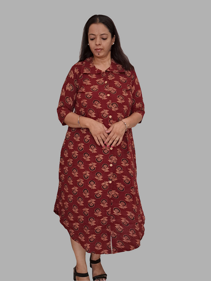 Crimson Harmony: Red Floral Shirt Style Cotton Kurti