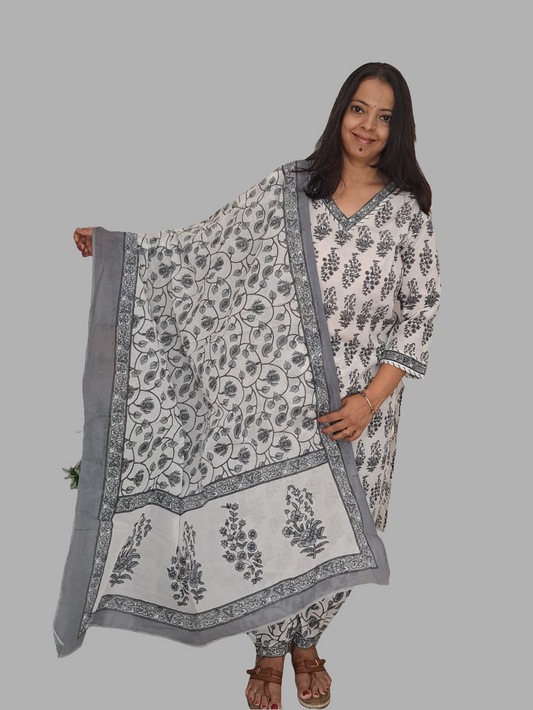 Monochrome Elegance:Black and White Cotton Kurti Pant Set with Dupatta