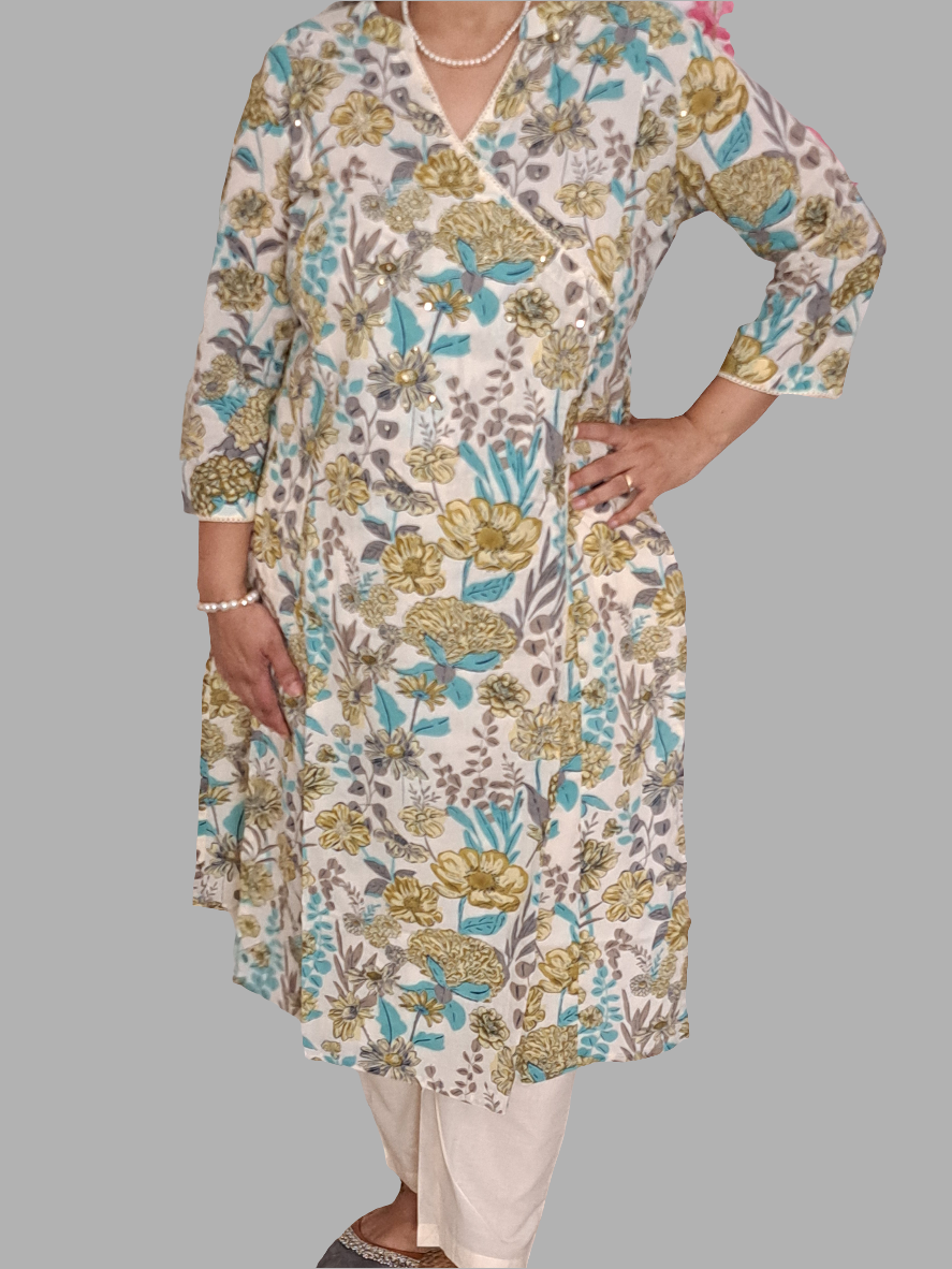 Mystic Meadow: Floral Green & Blue Cotton Angarkha Set