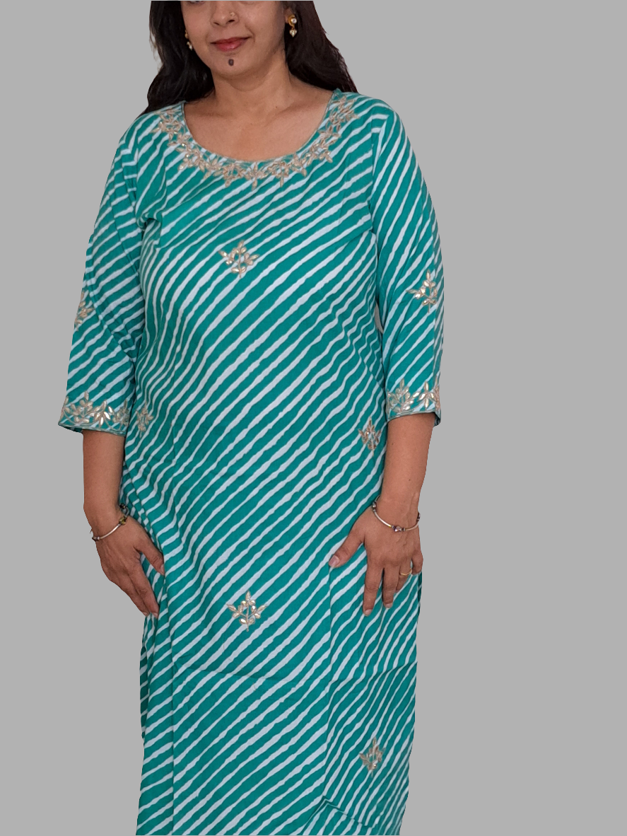 Azure Waves: Sea Blue Cotton Lehriya Kurti with Gotta Patti Work