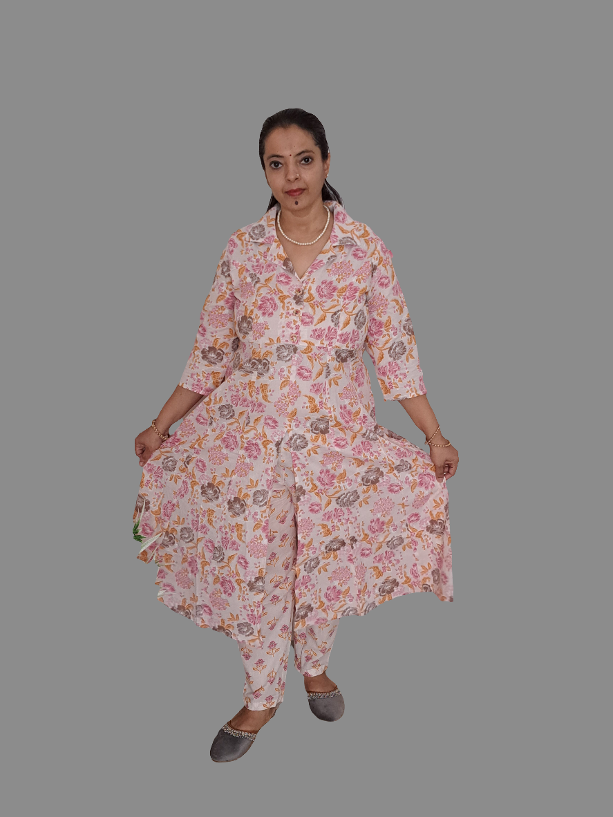 Blossom Chic: Floral Pink Cotton kurta pant Set