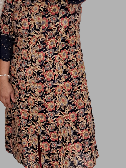 Royal Garden: Blue & Red Floral A-Line Kurti