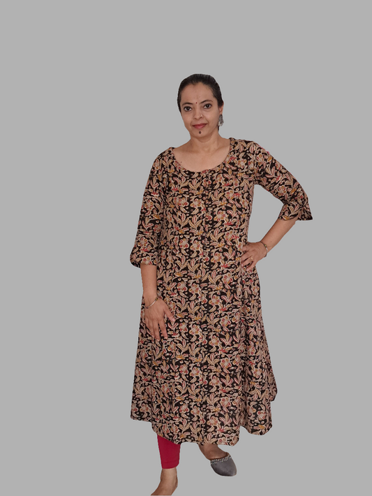 Elegant Noir: Black Floral A-Line Kurti