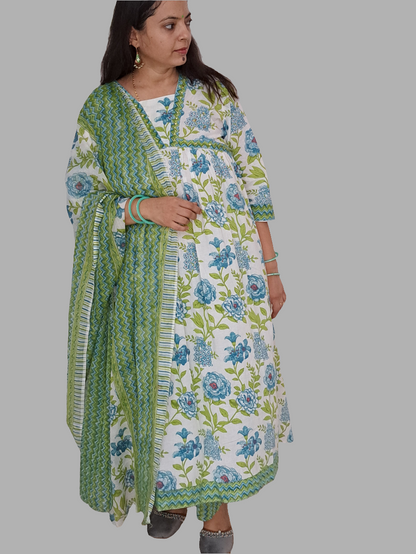 Floral Bliss: Green Pure Cotton Alia Cut Kurta Pant and Dupatta Set