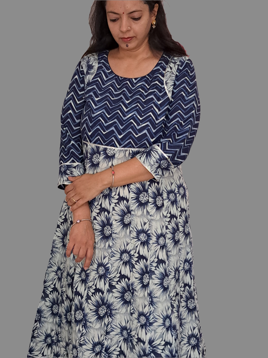 Blue and White Floral Frock Style Long Kurti with Yoke: Timeless Elegance