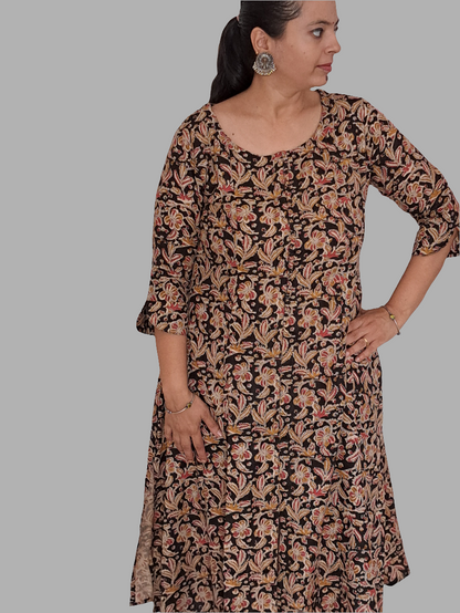 Elegant Noir: Black Floral A-Line Kurti