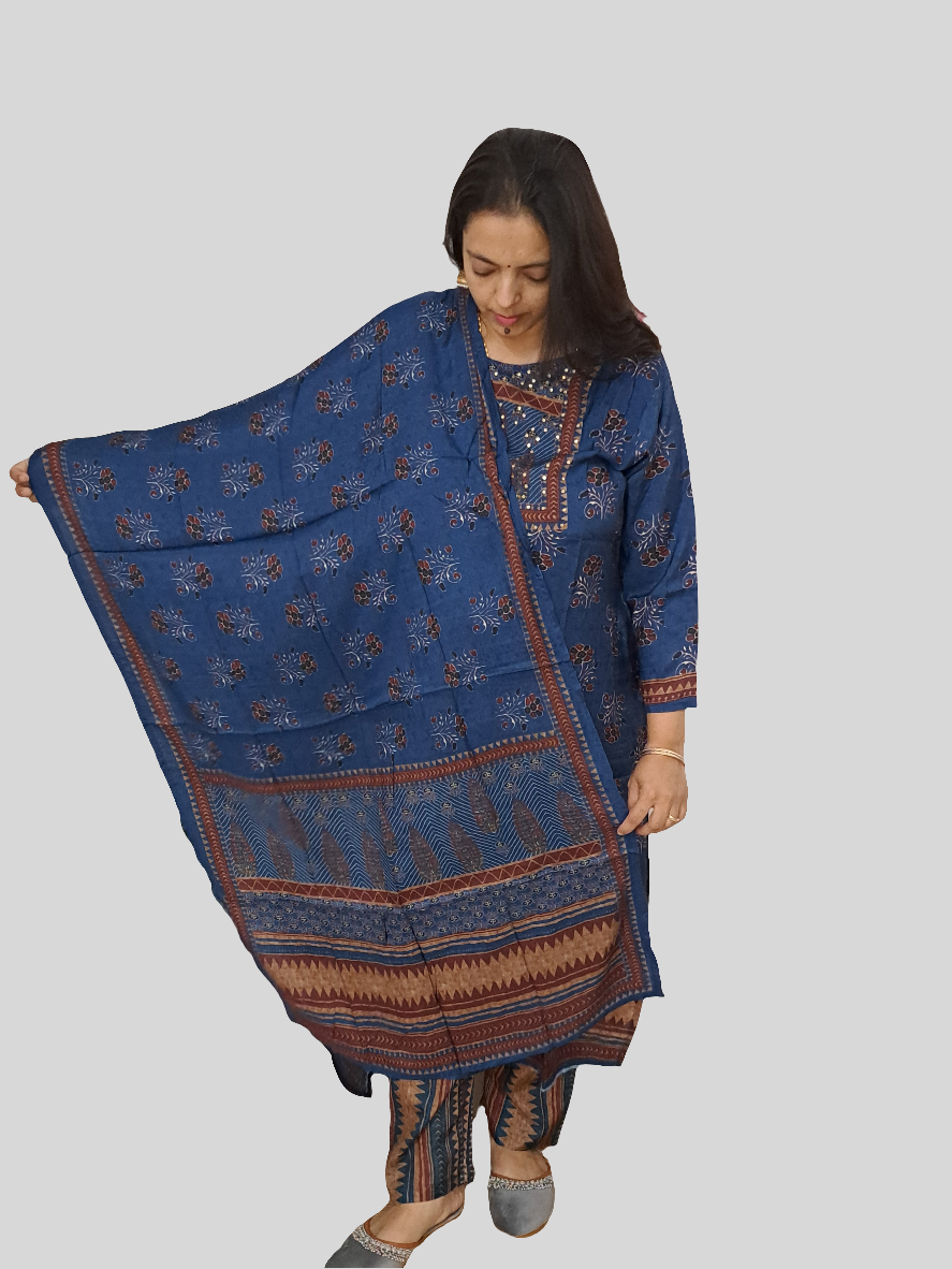 Azure Allure: Pure Muslin Ajarakh Print Dupatta Set