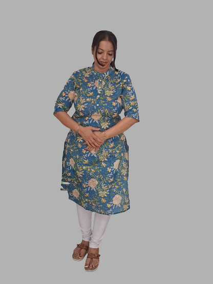 Garden Delight: Light Blue Floral Cotton Kurti