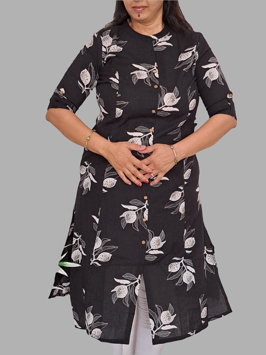 Blossoming Monochrome: Black and White Floral A-Line Kurta