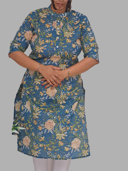 Garden Delight: Light Blue Floral Cotton Kurti