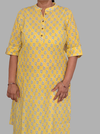 Golden Glow: Yellow Cotton Kurti with 3/4 Sleeve