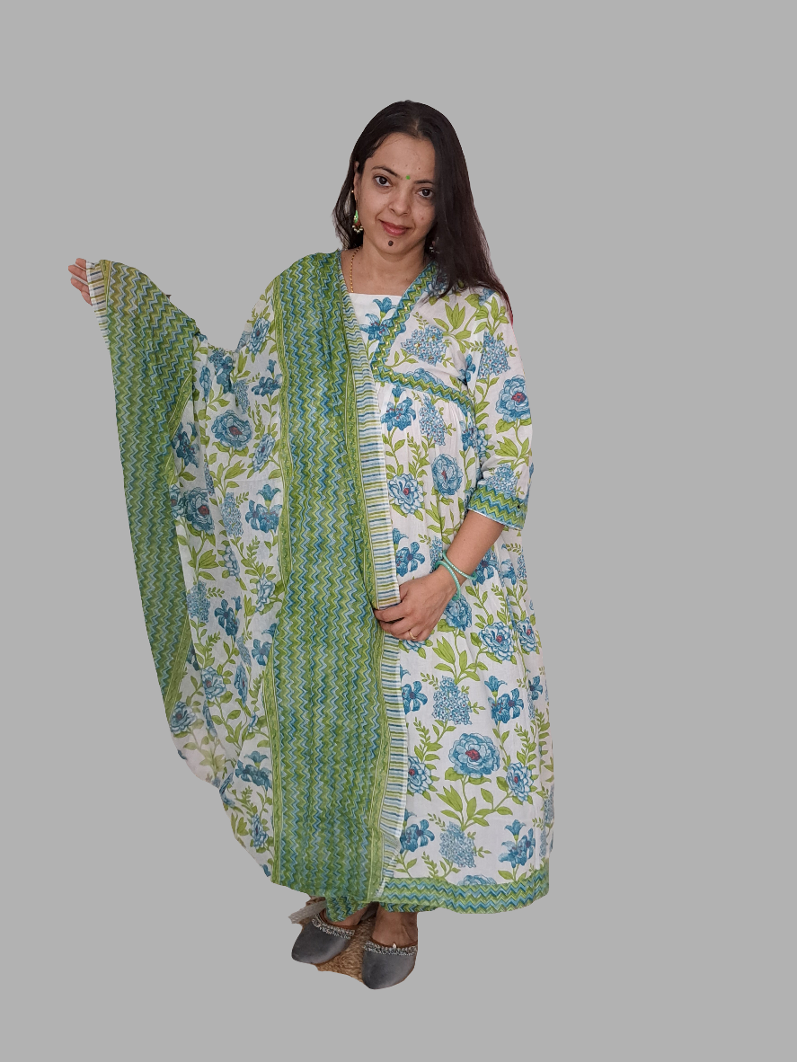 Floral Bliss: Green Pure Cotton Alia Cut Kurta Pant and Dupatta Set