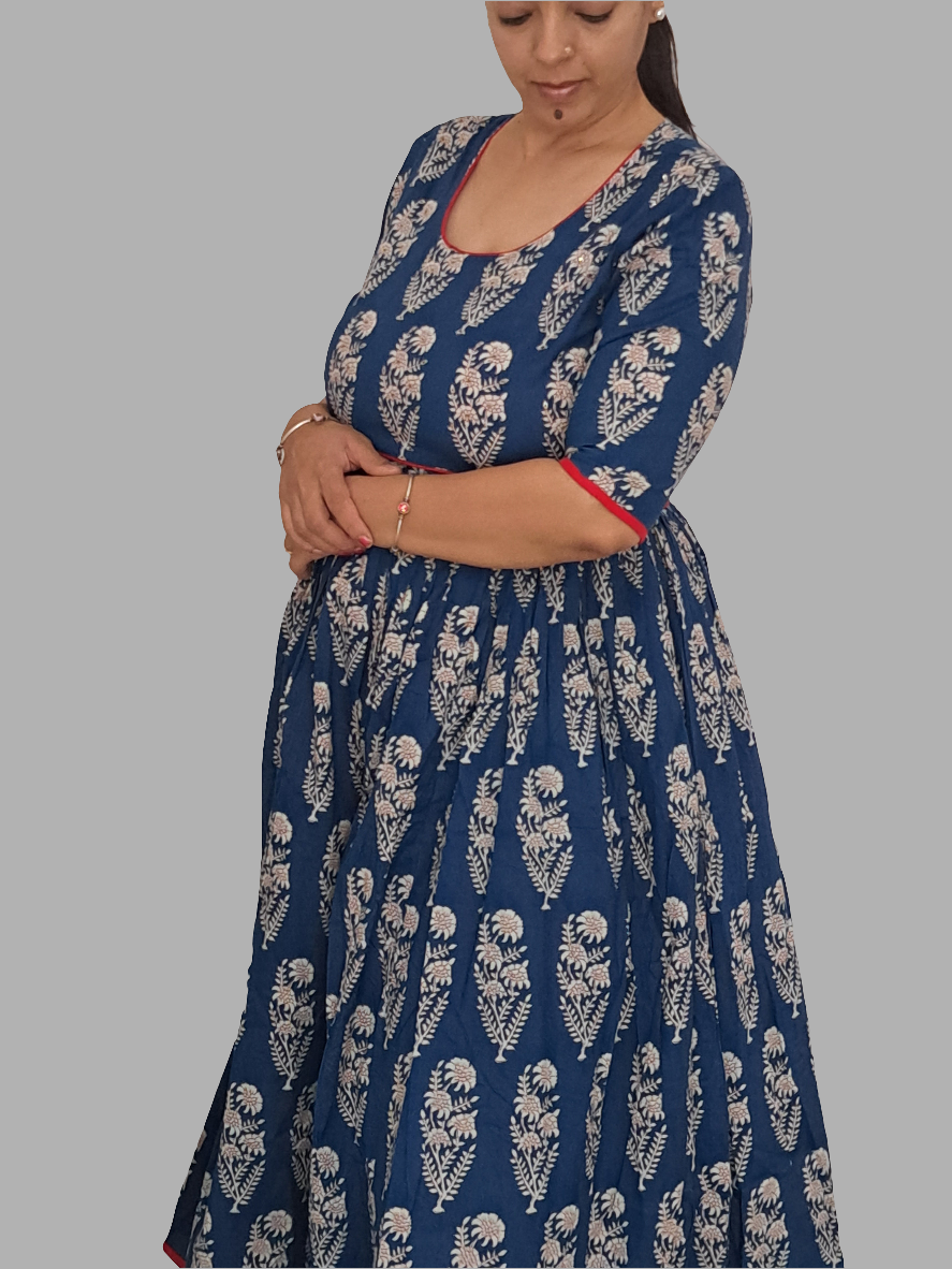 Rhapsody in Blue: Blue and Red Cotton Long Ethnic Dress with Side Pocket